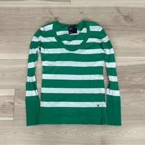 green and white striped american eagle fitted long sleeve
